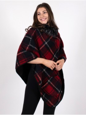 Plaid Poncho W/ Fur Collar and Pocket